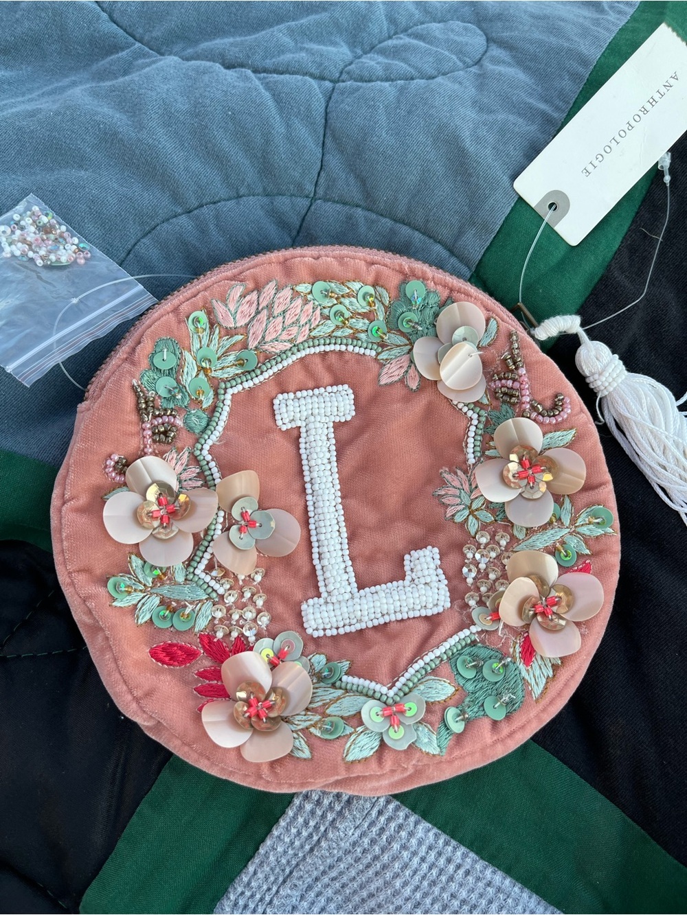 NWT Anthropologie Embellished Round Monogram 'L' Pouch - Peach Monogram Crest